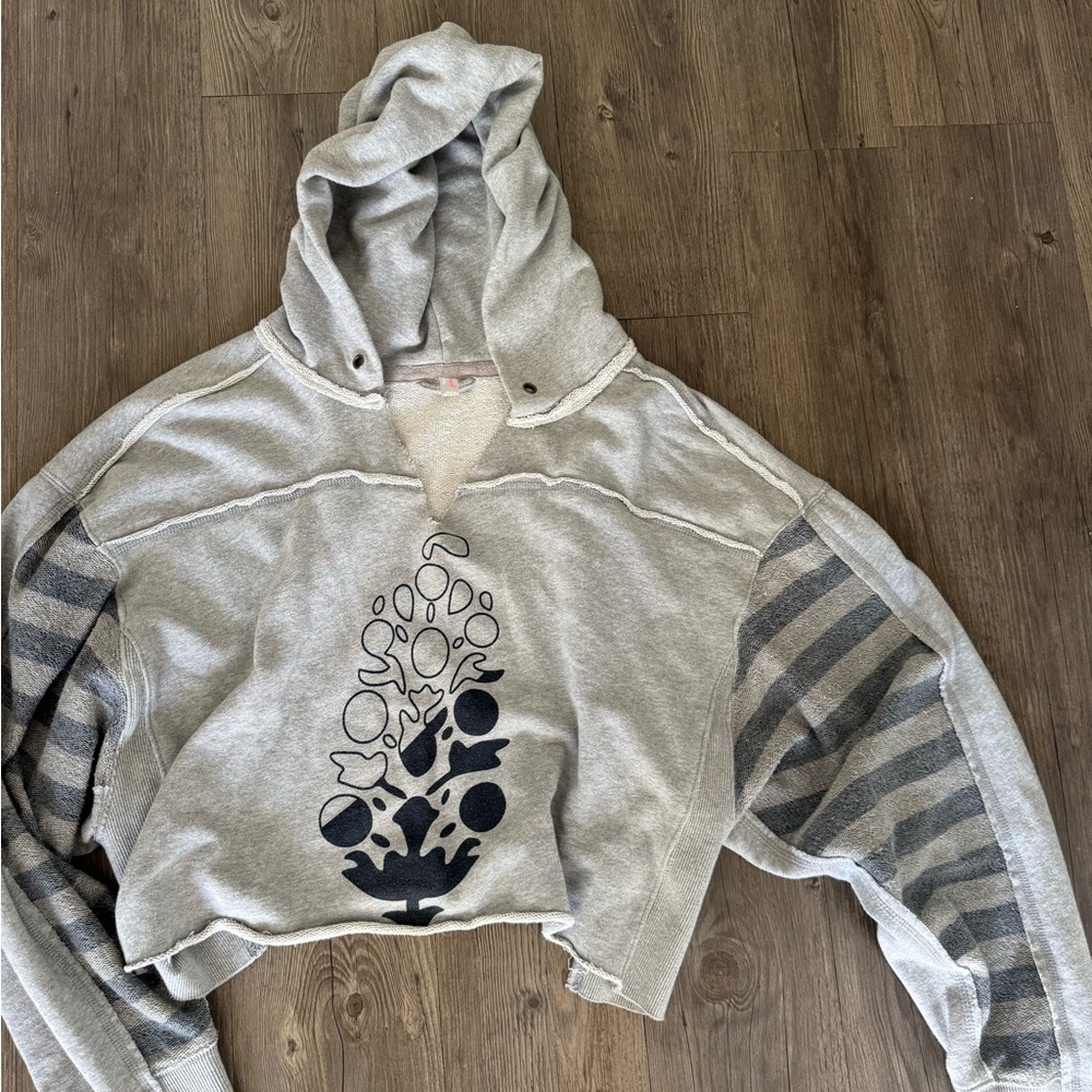 Free People Gray Cropped Hoodie with Striped Sleeves